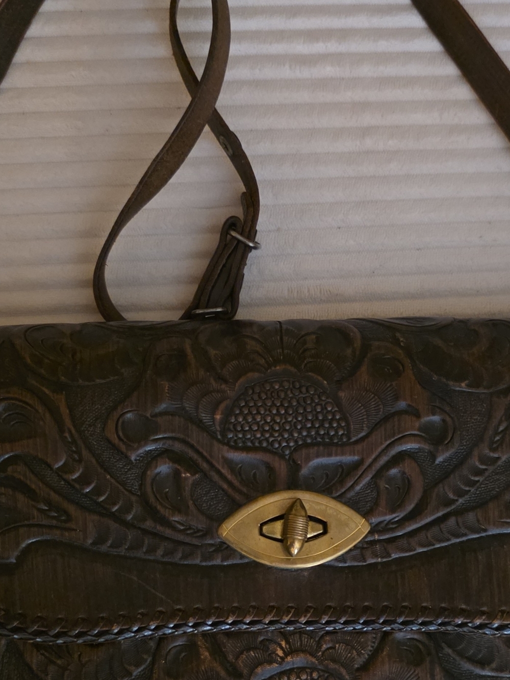 Hand-Tooled Dark Brown Leather Crossbody Bag with Brass Turn-Lock